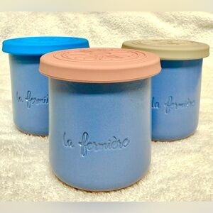 (3) La Fermiere Blue Terracotta Pots w/lids